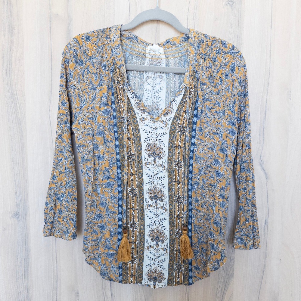 Boho Floral Blouse Small Multicolor 3/4 Sleeve Tassel Peasant Hippie Festival